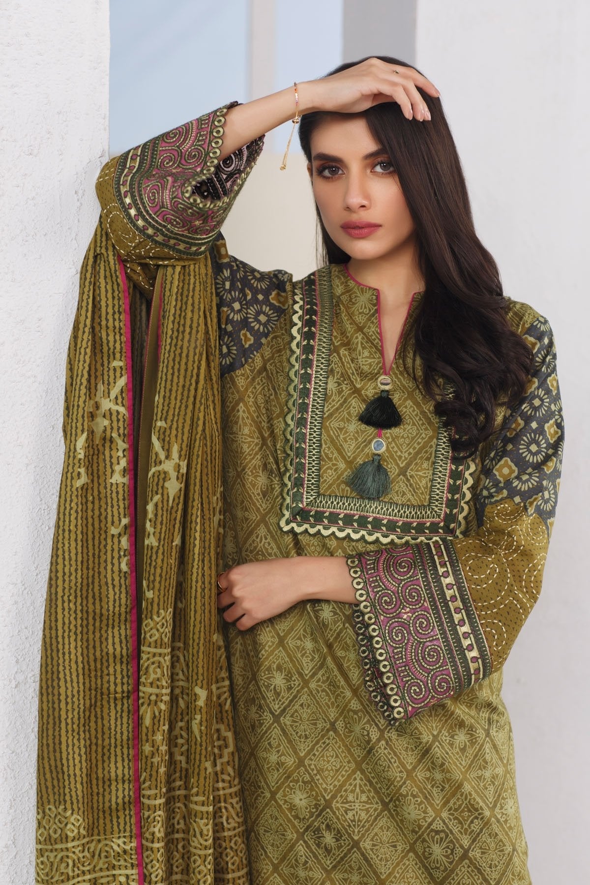 Alkaram - 3 Pc Embroidered Lawn Suit With Printed Brochia Lawn Dupatta