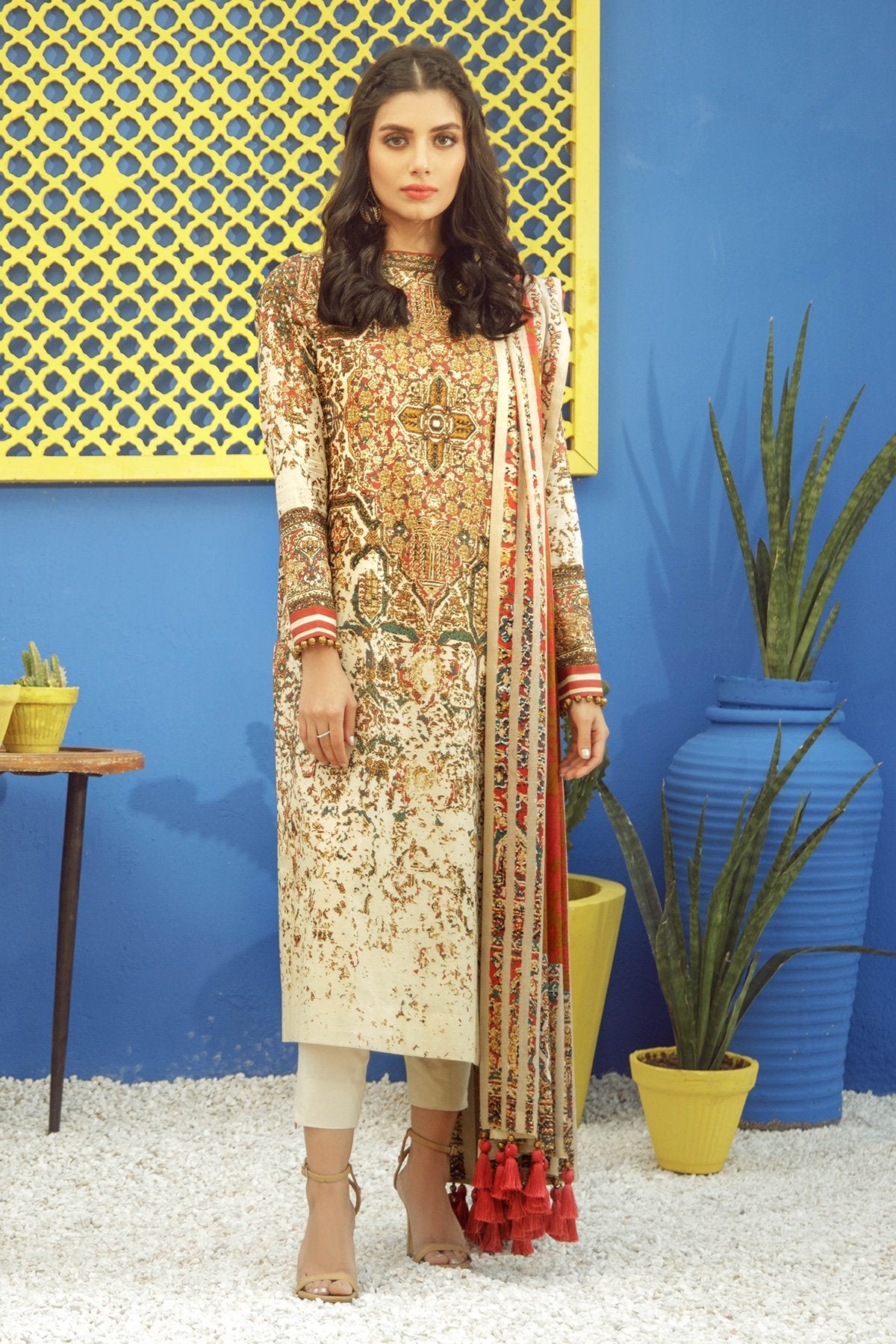 Alkaram - 3 Piece Printed Lawn Suit With Jacquard Net Dupatta