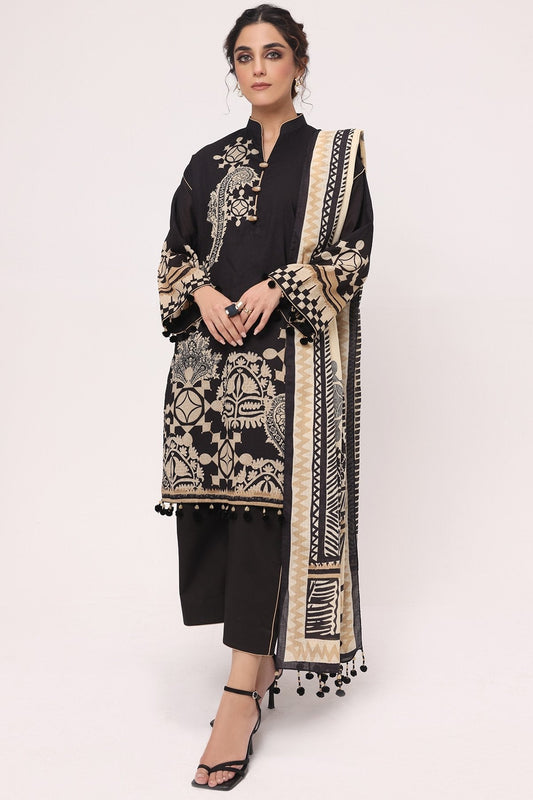 3 Pc Printed Lawn Suit With Broshia Dupatta