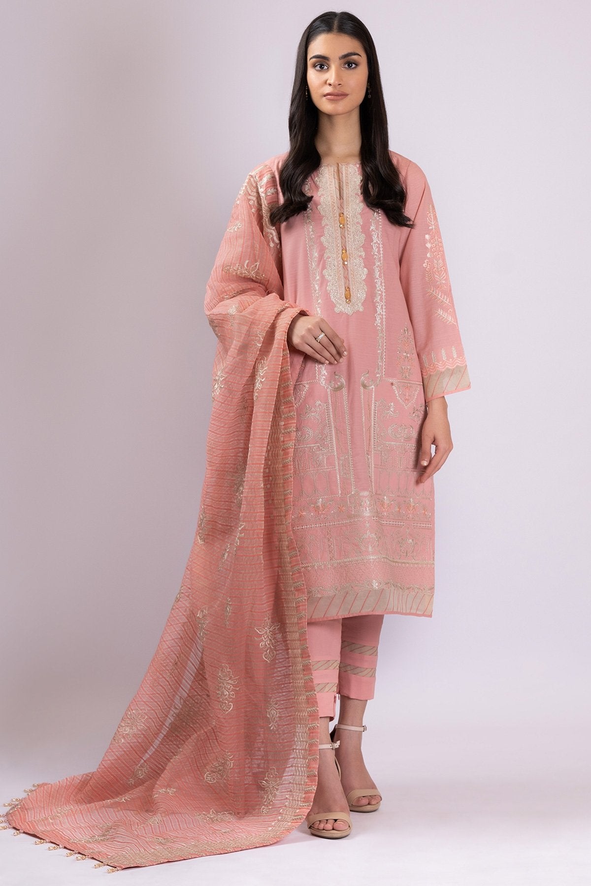 Alkaram - 3 Pc Embroidered One Way Slub Suit With Net Dupatta