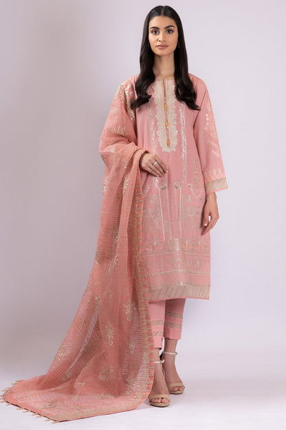 Alkaram - 3 Pc Embroidered One Way Slub Suit With Net Dupatta