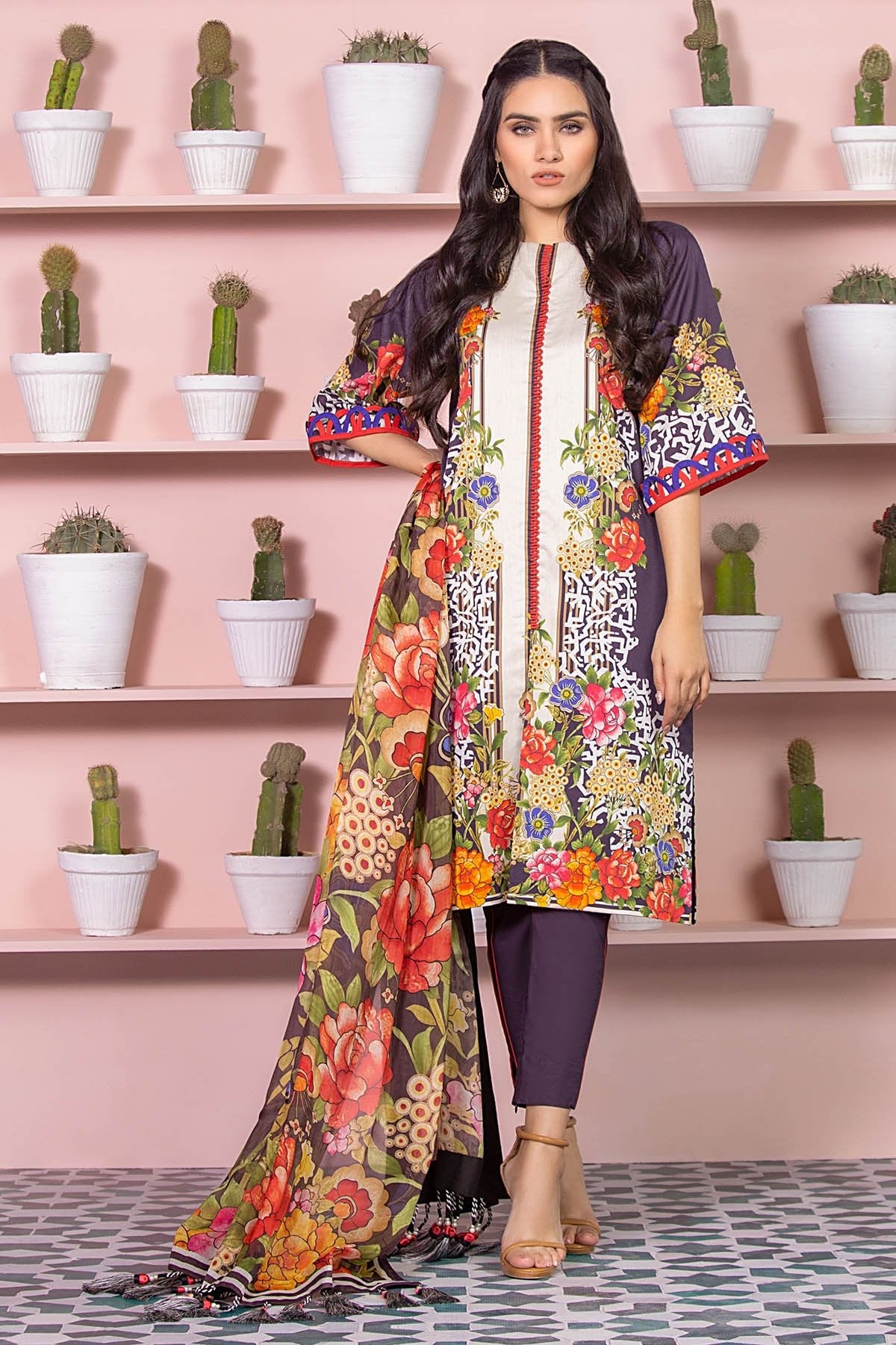Alkaram - 3 Piece Printed Cotton Satin Suit With Digital Silk Dupatta
