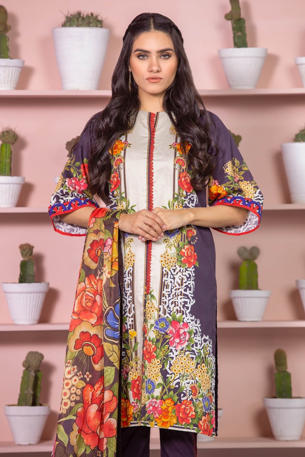 Alkaram - 3 Piece Printed Cotton Satin Suit With Digital Silk Dupatta