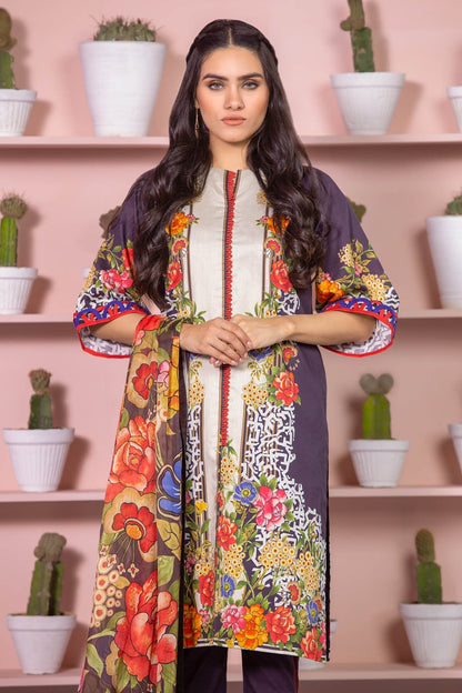 Alkaram - 3 Piece Printed Cotton Satin Suit With Digital Silk Dupatta