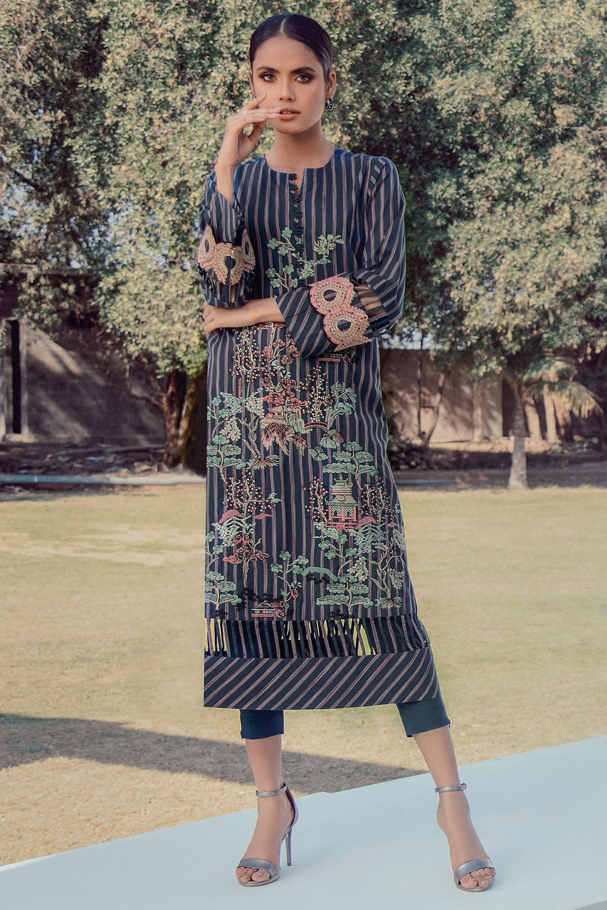 2 Pc Embroidered Yarn Dyed Suit With Dyed Cambric Trousers