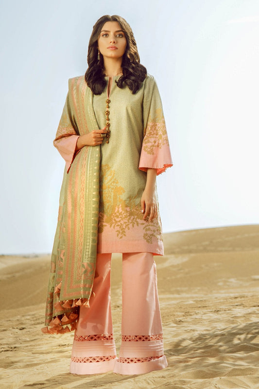 3 Piece Printed Suit With Jacquard Dupatta