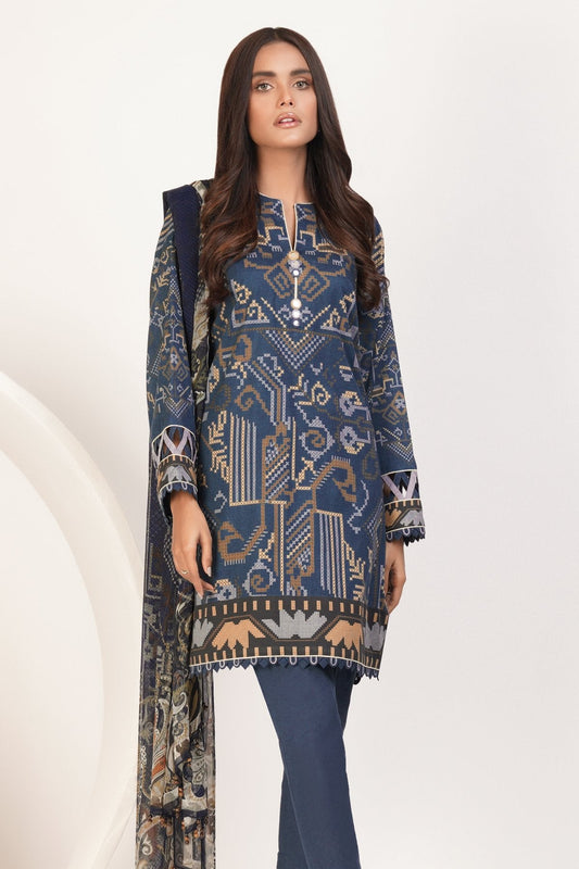 3 Pc Printed Slub Lawn Suit With Chiffon Dupatta