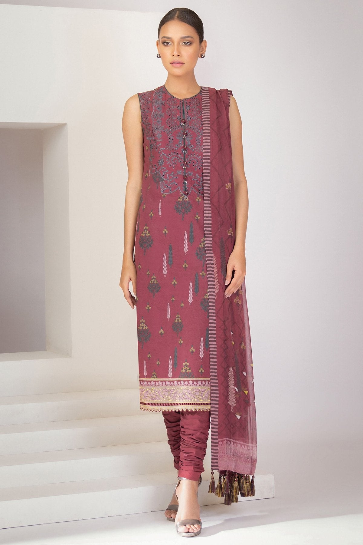 Alkaram - 3 Pc Embroidered Lawn Suit With Digital Chiffon Dupatta