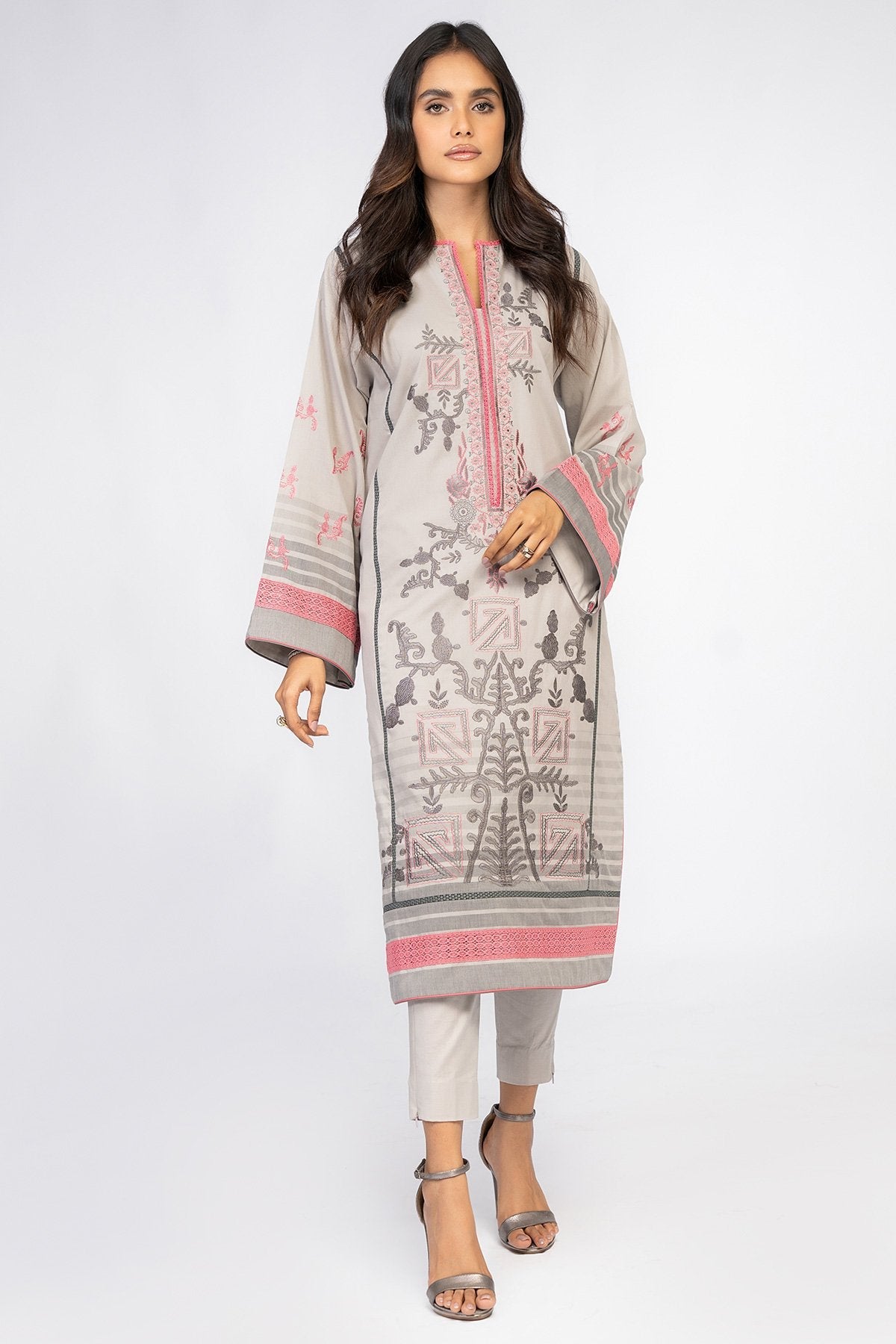 2 Pc Embroidered Yarn Dyed Suit With Cambric Trouser