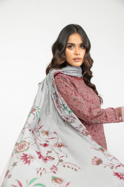 3 Pc Printed Lawn Suit With Chiffon Dupatta