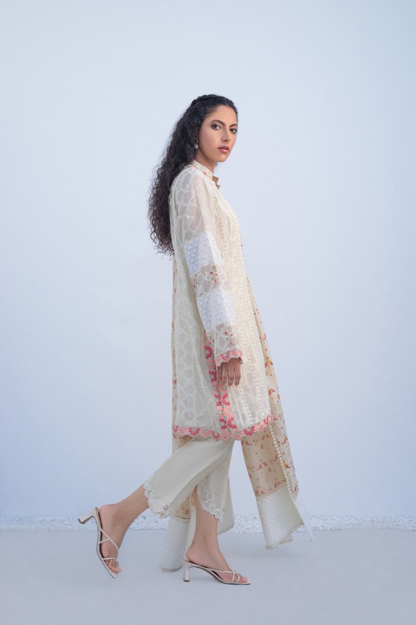 Cotton Net Embroidered Kurta And Panwaar with Dupatta 1