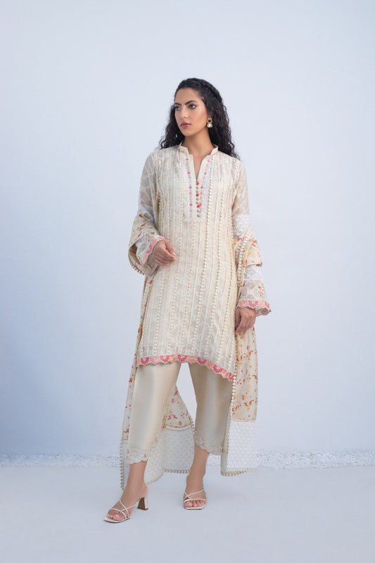 Cotton Net Embroidered Kurta And Panwaar with Dupatta 1