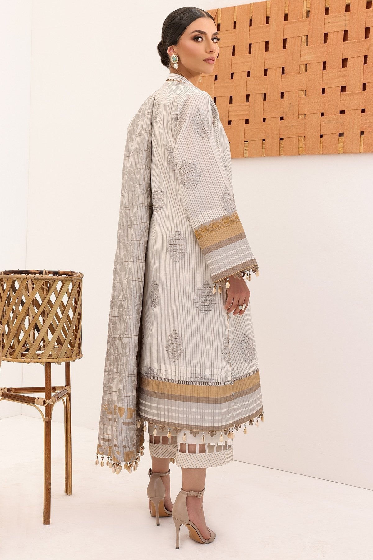 3 Pc Embroidered Woven Striped Suit With Fancy Dupatta