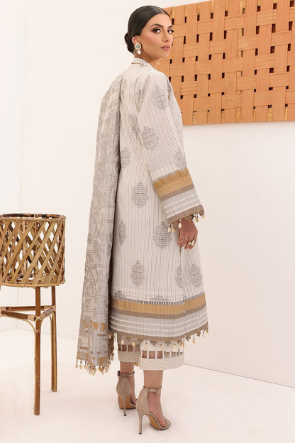 3 Pc Embroidered Woven Striped Suit With Fancy Dupatta