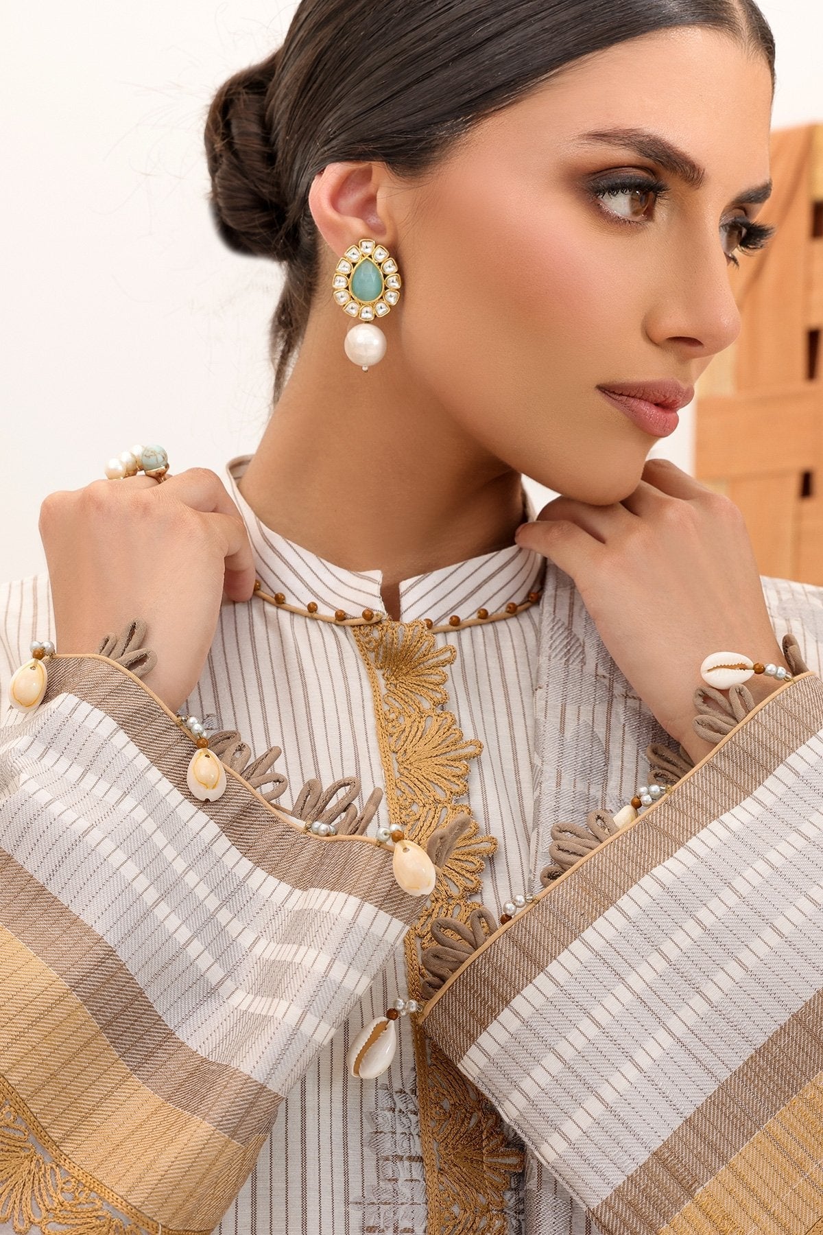 3 Pc Embroidered Woven Striped Suit With Fancy Dupatta