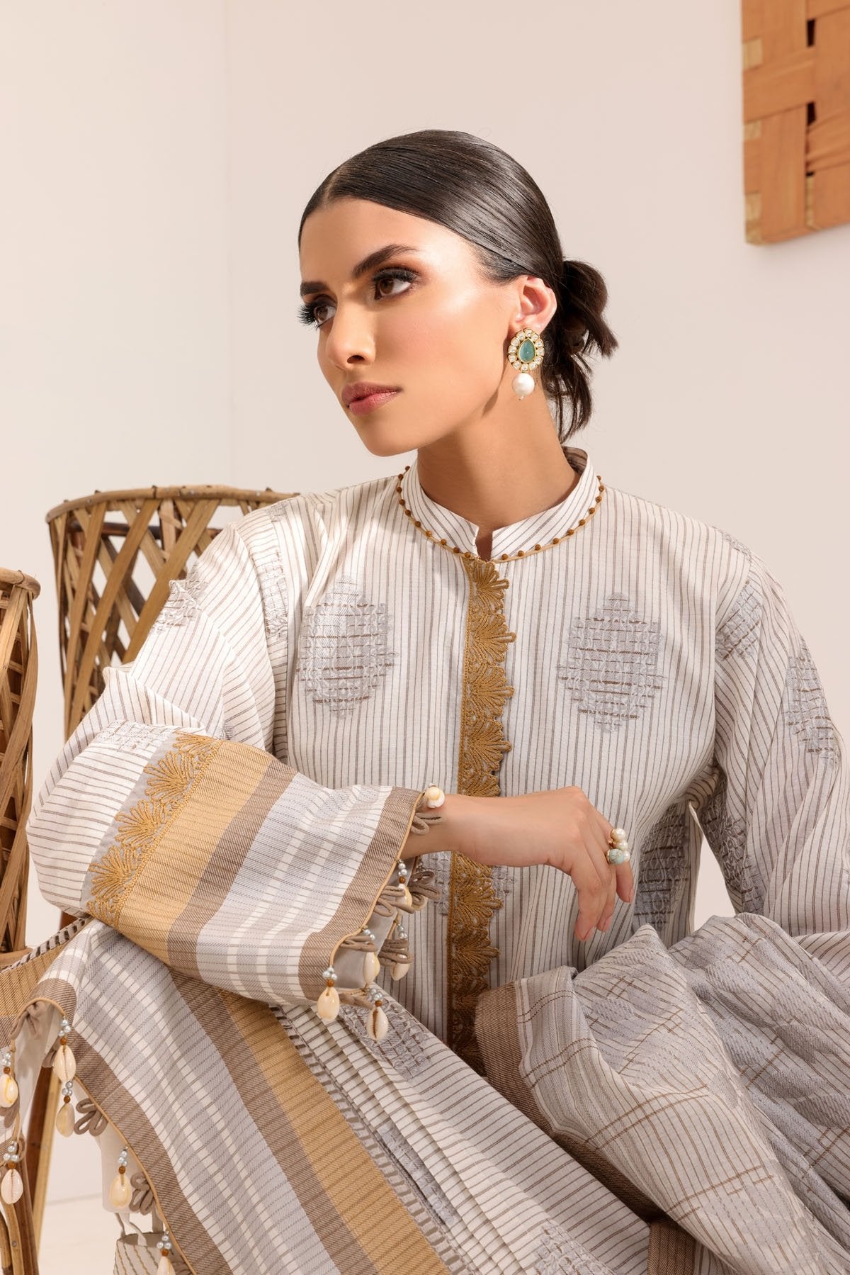 3 Pc Embroidered Woven Striped Suit With Fancy Dupatta