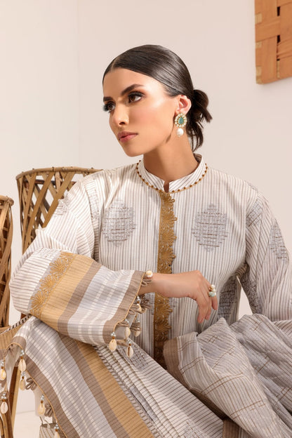 3 Pc Embroidered Woven Striped Suit With Fancy Dupatta