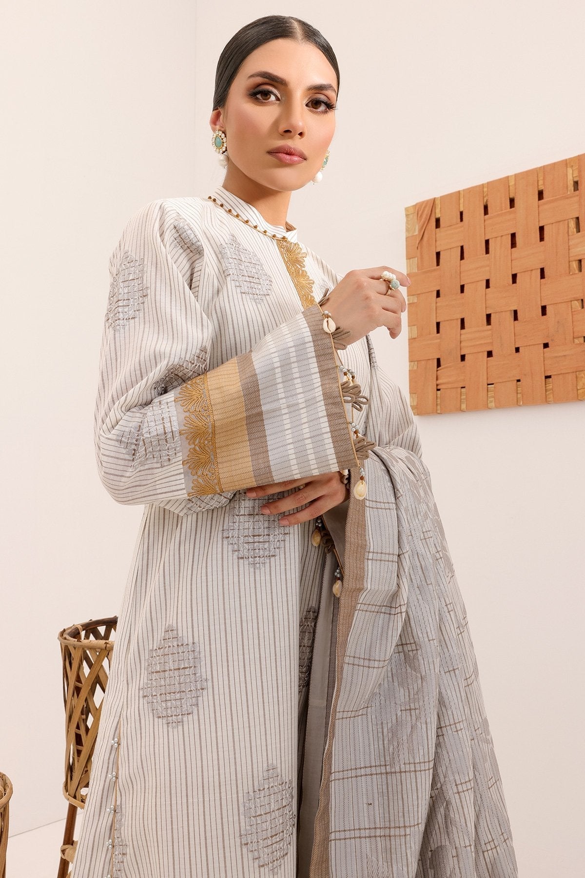 3 Pc Embroidered Woven Striped Suit With Fancy Dupatta