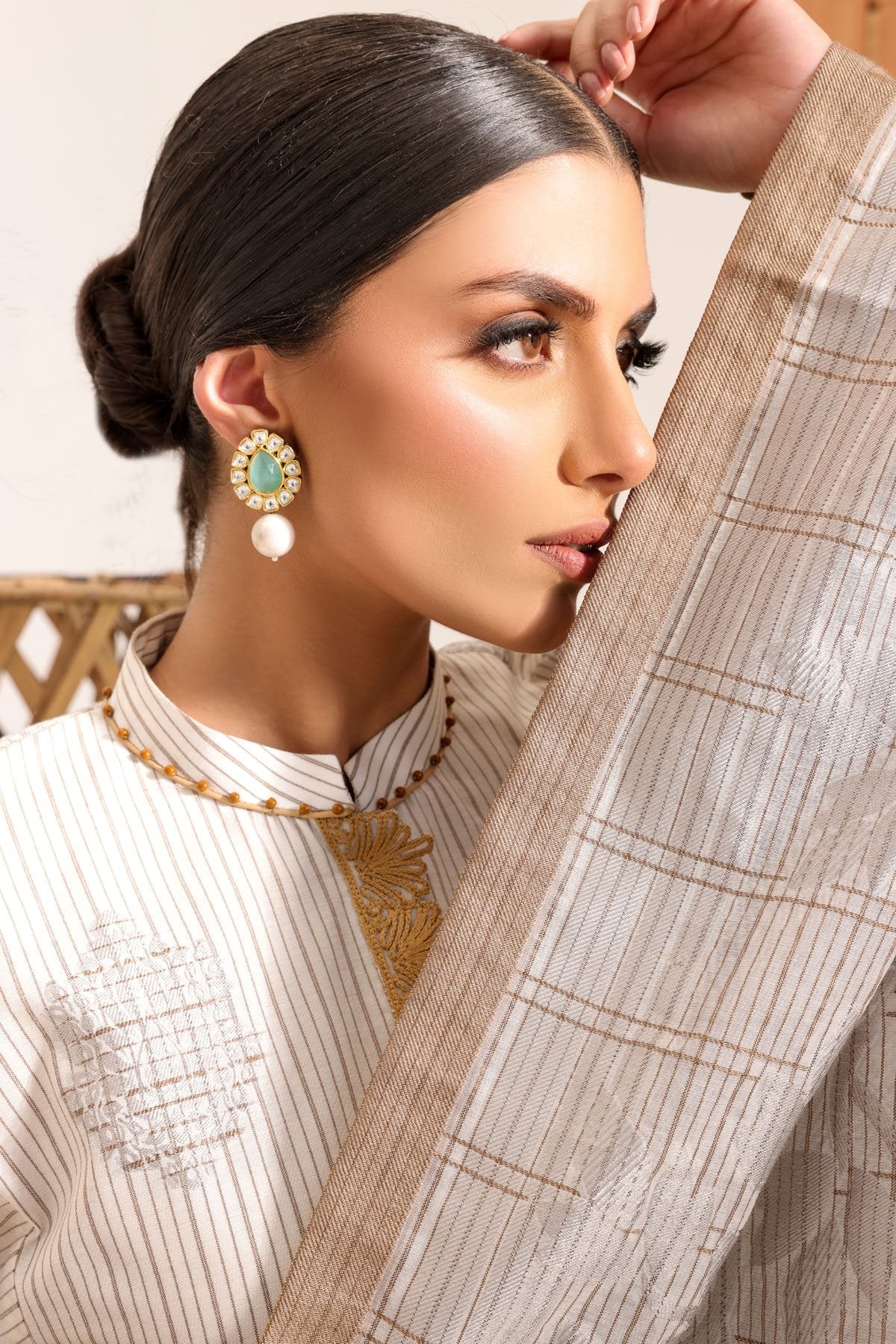 3 Pc Embroidered Woven Striped Suit With Fancy Dupatta