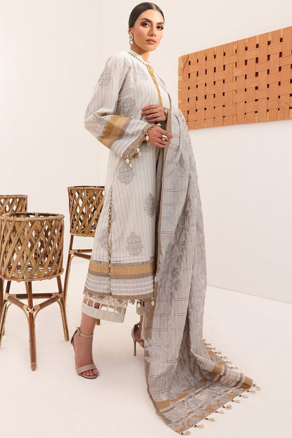 3 Pc Embroidered Woven Striped Suit With Fancy Dupatta
