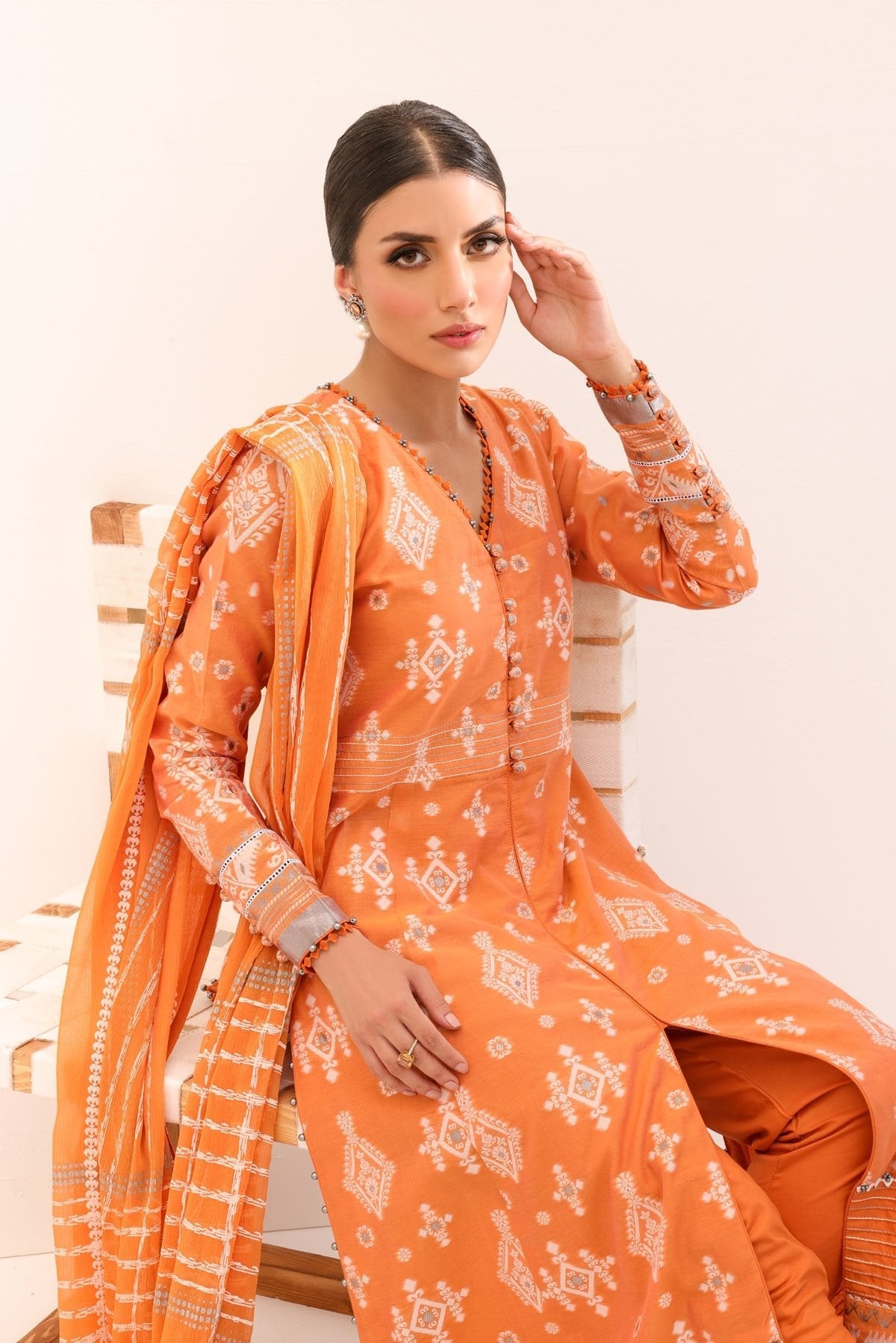 3 Pc Printed Yarn Dyed Suit With Chiffon Dupatta