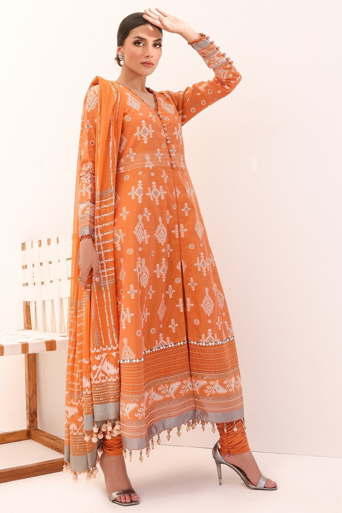 3 Pc Printed Yarn Dyed Suit With Chiffon Dupatta
