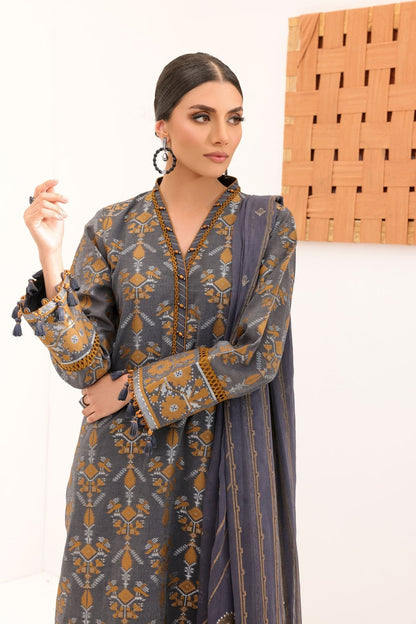 3 Pc Printed Yarn Dyed Suit With Chiffon Dupatta