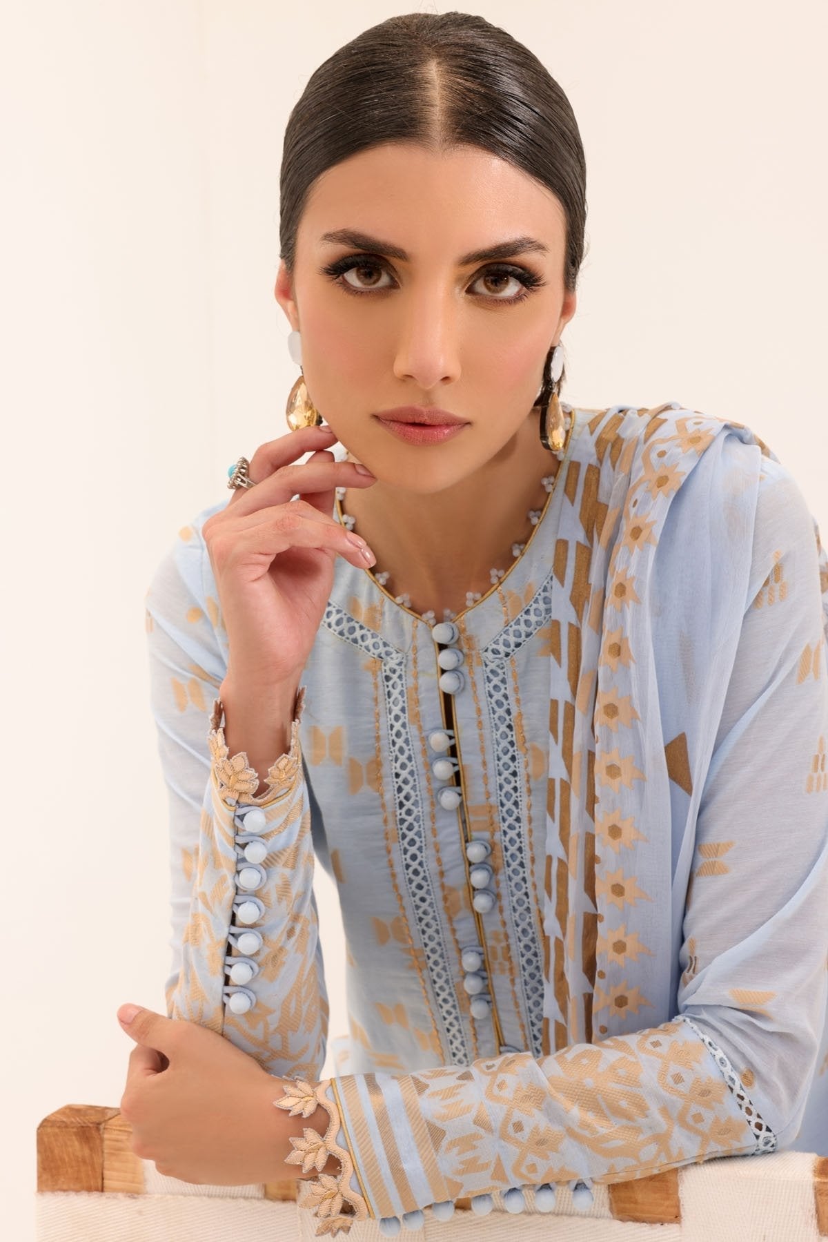 3 Pc Printed Yarn Dyed Suit With Chiffon Dupatta